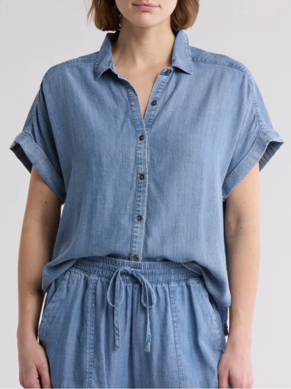 Splendid Women S Indigo Chambray Lyocell Katie Short Sleeve Button-Up Shirt NWT